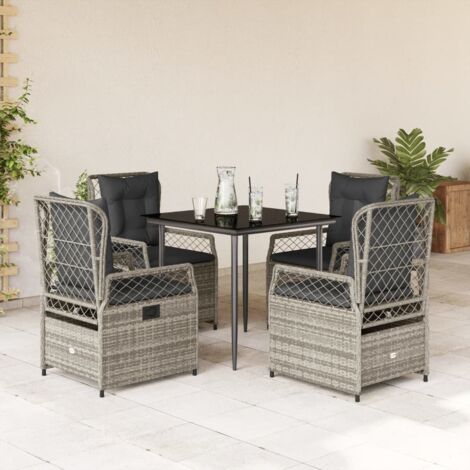Ensemble de Jardin 5 Pièces en Résine Tressée Gris avec Coussins, Verre Trempé 80x80cm