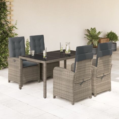 Ensemble de Jardin 5 Pièces en Résine Tressée Gris avec Table en Verre Trempé et Coussins Amovibles, 4 Chaises à Dossier Réglable et 1 Table 150x90 cm