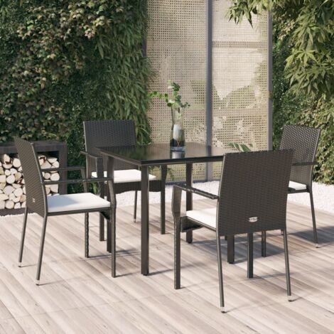 Ensemble de Jardin 5 Pièces en Résine Tressée Noir  4 Fauteuils + Table Verre 80x80cm avec Coussins Crème