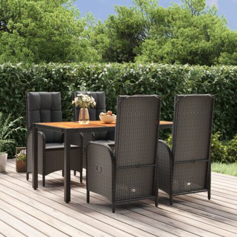 Ensemble de Jardin 5 Pièces en Résine Tressée Noir avec Coussins et Table Acacia - Chaises inclinables, 4 Fauteuils + Table 150x90 cm