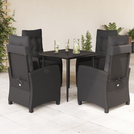 Ensemble de Jardin 5 Pièces en Résine Tressée Noir avec Coussins, Table en Verre Trempé 80x80 cm, 4 Chaises Inclinables, Meuble d'Extérieur Confortable