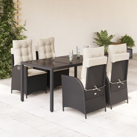 Ensemble de Jardin 5 Pièces en Résine Tressée Noir avec Table Verre et Coussins Crème - Dimensions 150x90x75 cm