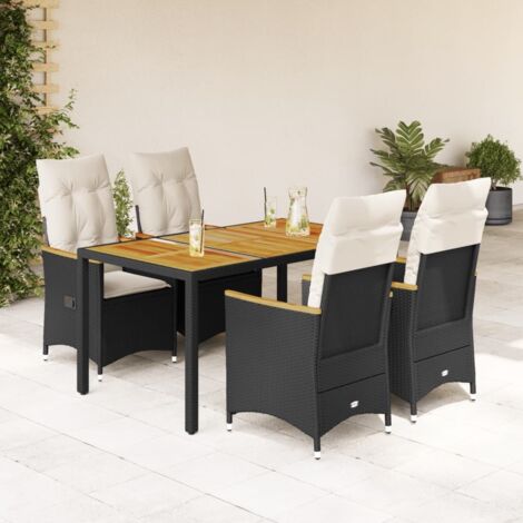 Ensemble de Jardin 5 Pièces en Résine Tressée Noire avec Coussins Blancs, Table en Acacia et Chaises Inclinables