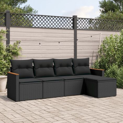 Ensemble de Jardin 5 Pièces en Résine Tressée Noire avec Coussins et Table en Acacia  Canapé et Pouf Modulables