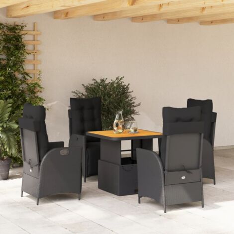Ensemble de jardin 5 pièces en résine tressée noire incluant table relevable 80x80cm et coussins lavables