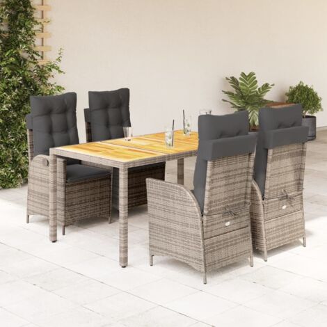 Ensemble de Jardin 5 Pièces (Gris) avec Coussins, Table 150x90cm et Chaises Inclinables en Résine Tressée