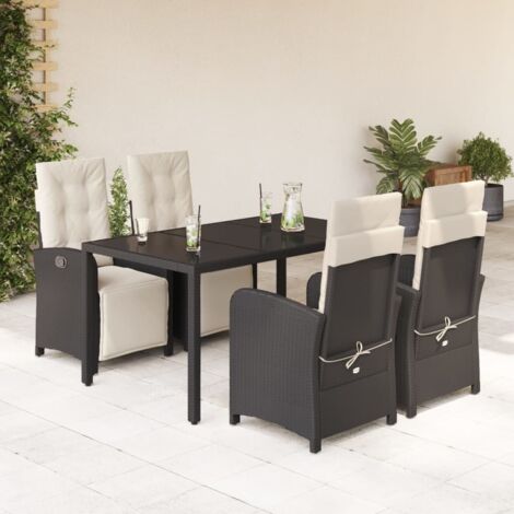 Ensemble de Jardin 5 Pièces Noir avec Coussins Crème - Table en Verre Trempé 150x90 cm et Chaises Inclinables en Résine Tressée