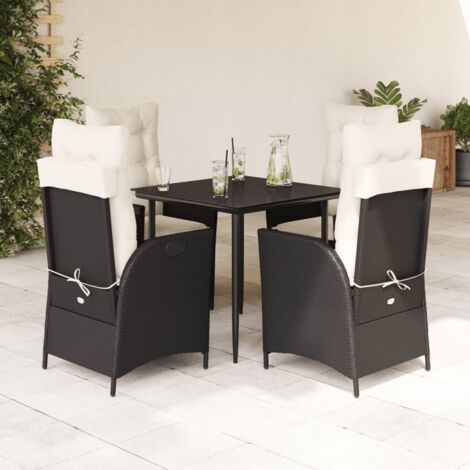 Ensemble de Jardin 5 Pièces Noir avec Coussins Résine Tressée - Table 80x80 cm + 4 Chaises Inclinables, Verre Trempé, Housses Lavables