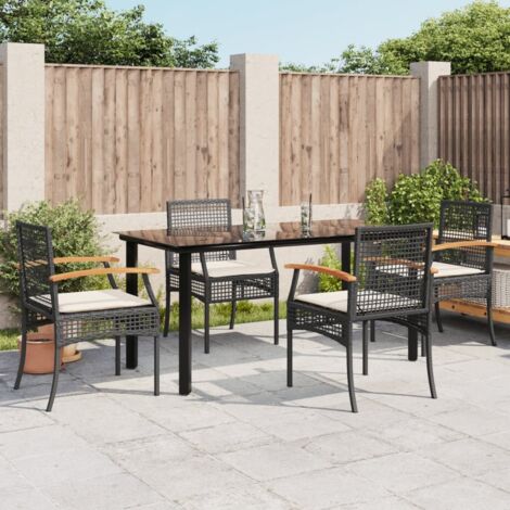 Ensemble de Jardin 5 Pièces Noir avec Coussins - Table 160x80cm en Verre Trempé, 4 Chaises Résine Tressée et Coussin Crème