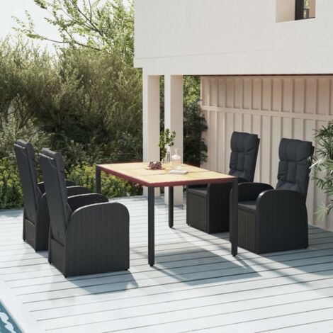 Ensemble de Jardin 5 pièces Noir avec Coussins - Table et 4 Fauteuils en Résine Tressée et Acier - Dossier Réglable - Dimensions Table 150x90cm