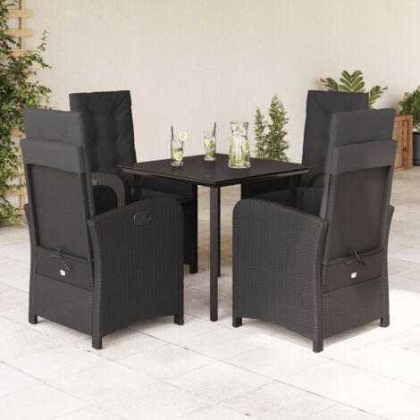 Ensemble de Jardin 5 Pièces Noir en Résine Tressée avec Coussins et Table en Verre Trempé - 4 Chaises Inclinables - Capacité 110kg - Housse Lavable - Résistance UV - Dimensions Table 80x80cm, Chaise 5