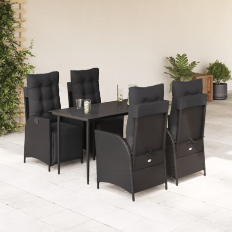 Ensemble de Jardin 5 Pièces Noir en Résine Tressée - Table Verre 140x70 cm + 4 Fauteuils Relax avec Coussins Amovibles