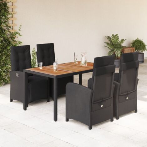 Ensemble de Jardin 5 Pièces Noir Résine Tressée avec Coussins - 4 Chaises Relax Inclinables et Table en Acacia 150x90 cm