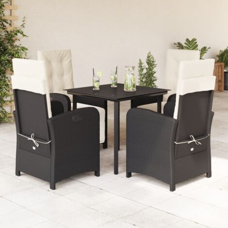 Ensemble de Jardin 5 Pièces Noir Résine Tressée avec Coussins Crème et Table en Verre 80x80cm