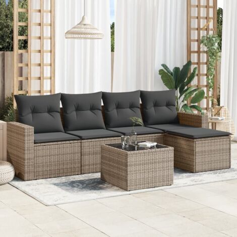 Ensemble de Jardin 5 Pièces Noir Résine Tressée avec Coussins Crème, Salon Modulaire [2 Sièges d'Angle, 2 Centraux + Pouf] Housses Lavables