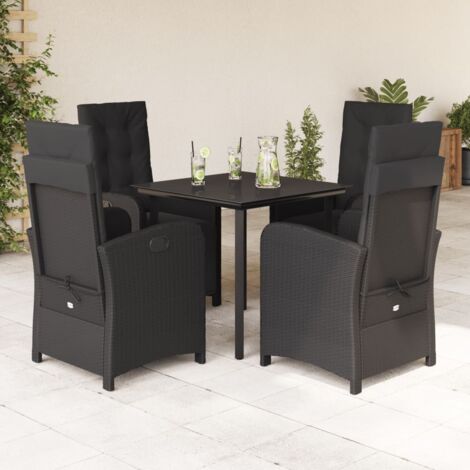 Ensemble de Jardin 5 Pièces Noir Résine Tressée avec Coussins Lavables et Verre Trempé, Table 80x80 cm, 4 Fauteuils Inclinables
