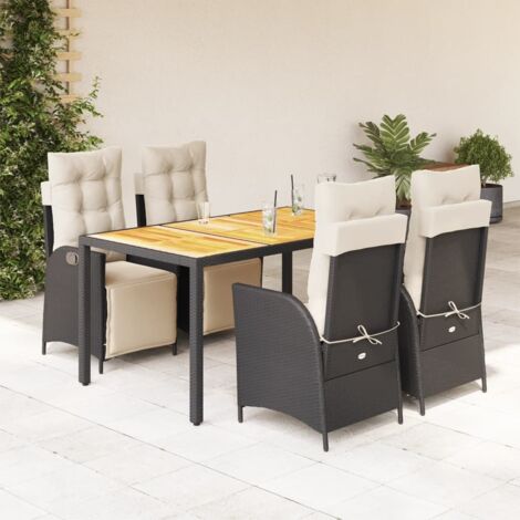 Ensemble de Jardin 5 Pièces Noir Résine Tressée avec Coussins - Table 150x90cm, Chaises Inclinables, Acacia