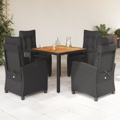 Ensemble de Jardin 5 Pièces Noir Résine Tressée avec Coussins - Table 90x90cm en Acacia, 4 Chaises Relax Réglables et Housses Lavables