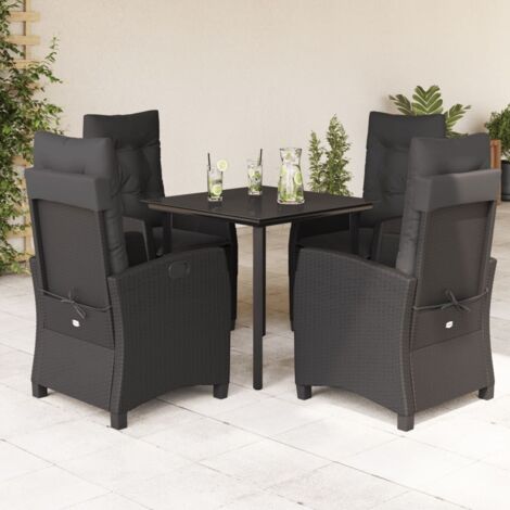 Ensemble de Jardin 5 Pièces Noir Résine Tressée avec Coussins, Table Verre Trempé 80x80 cm, Chaises Inclinables