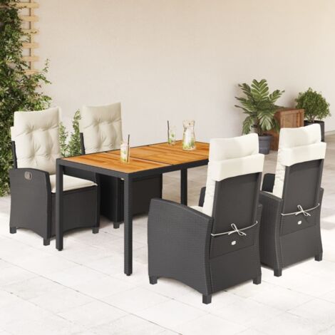 Ensemble de Jardin 5 Pièces Noir Résine Tressée avec Table Bois Acacia et Coussins Lavables
