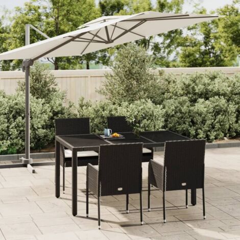 Ensemble de Jardin 5 Pièces Noir - Table 150x90 cm, Chaises Résine Tressée et Coussin Crème