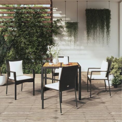Ensemble de Jardin 5 Pièces Noir  Table en Acacia et Chaises en Résine Tressée avec Coussins Crème  Mobilier d'Extérieur Modulaire