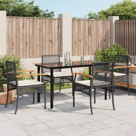 Ensemble de Jardin 5 Pièces Noir - Table en Verre Trempé 140x70 cm avec 4 Chaises en Résine Tressée et Coussins Amovibles