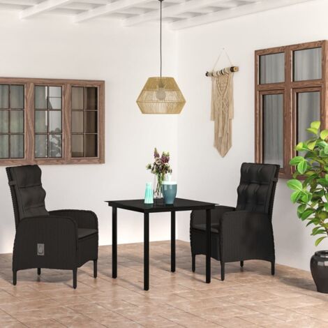 Ensemble de Jardin 5 Pièces Noir Table Verre 150x90 cm + 4 Chaises Résine Tressée Inclinables Aluminium