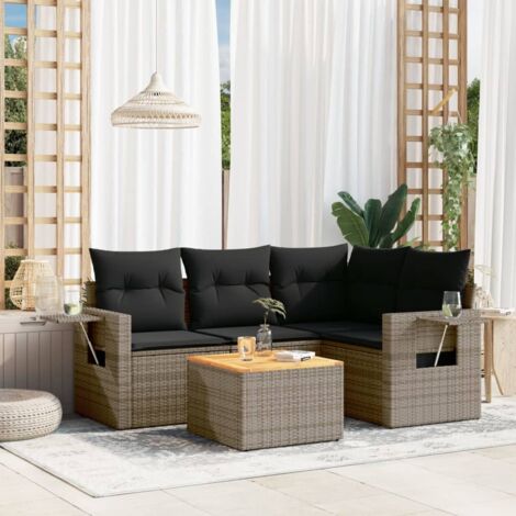Ensemble de Jardin 5 Pièces  Salon Résine Tressée Gris  Canapés + Table Acacia  Coussins Housses Lavables  Modulable