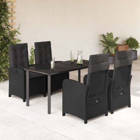 Ensemble de Jardin 5 Pièces Table 160x80cm + 4 Fauteuils Dossier Réglable Noir en Résine Tressée avec Coussins et Plateau Verre