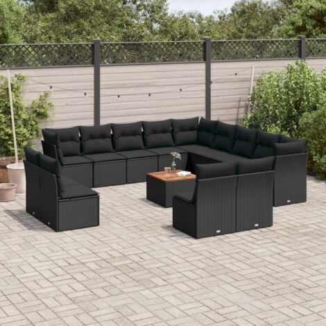 Ensemble de Jardin 5 Pièces (Table + 4 Chaises) Noir avec Dessus en Verre, Cadre Acier et Rotin PVC Résistant aux Intempéries