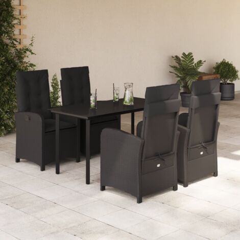 Ensemble de Jardin 5 Pièces - Table avec Plateau en Verre et Chaises Relax Noir en Résine Tressée avec Coussins Détachables