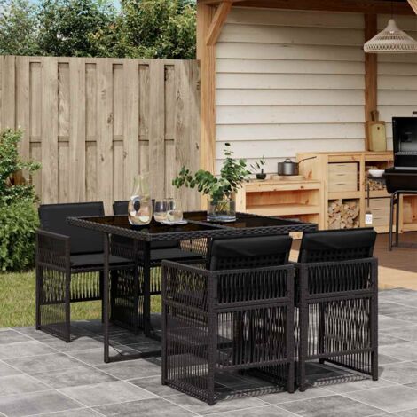 Ensemble de Jardin 5 Pièces Table Noire + Chaises en Résine Tressée avec Coussins Amovibles, Verre Trempé et Dossier Rabattable pour Terrasse