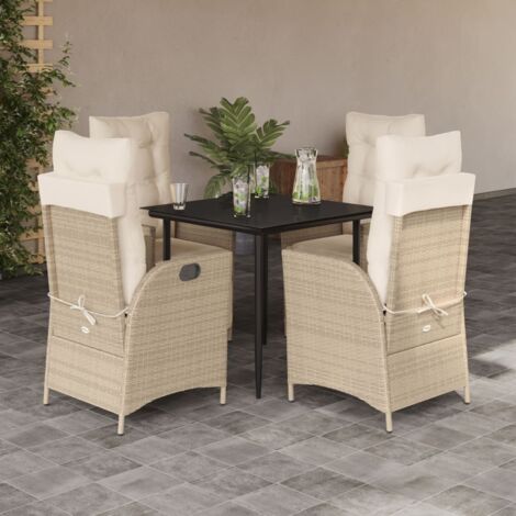 Ensemble de Jardin 5 Places avec Table en Verre et 4 Fauteuils inclinables en Polyrotin Beige et Coussins Crème - Table 80x80cm