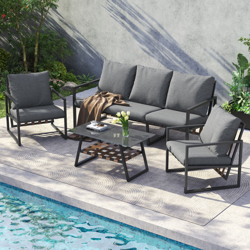 Ensemble de jardin 5 places, canapé 3 places, 2 fauteuils et table basse, plateau en verre, corde en pu et métal, gris