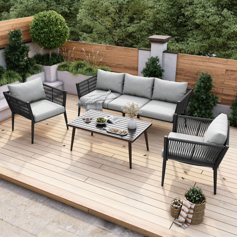 Ensemble de jardin 5 places, canapé droit, 2 fauteuils, tables basses fixes avec coussins, corde tressée et métal, gris