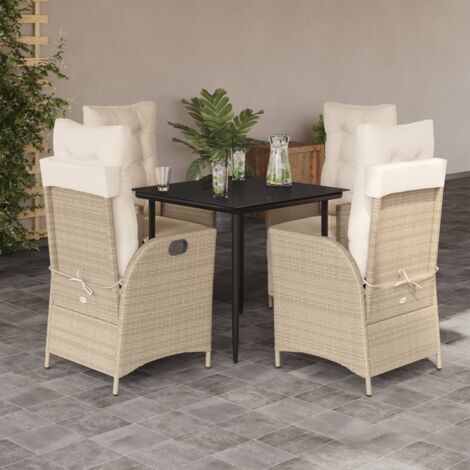 Ensemble de Jardin 5 Places en Polyrotin Beige avec Coussins Lavables, Table en Verre Trempé Noir 80x80 cm