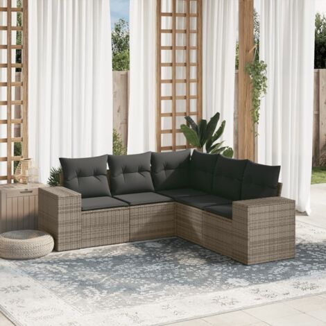 Ensemble de jardin 5 places en résine tressée grise avec coussins et rangement - Canapé, fauteuils, table basse modulables
