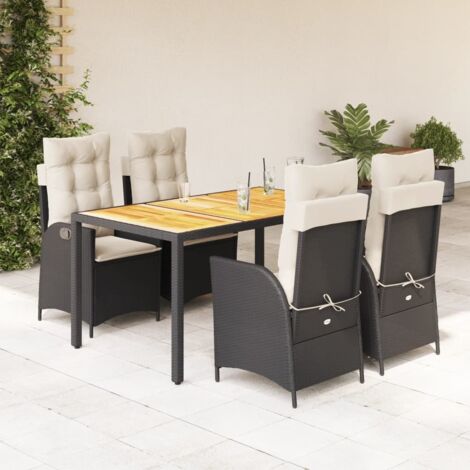 Ensemble de Jardin 5 Places en Résine Tressée Noir avec Coussins - Table Acacia 150x90cm + Chaises Réglables Crème