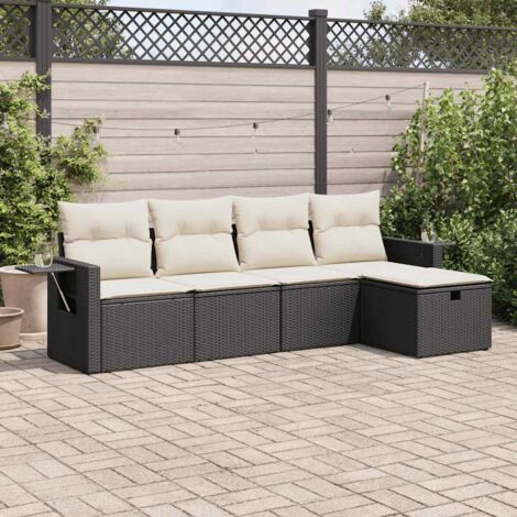 Ensemble de jardin 5 places noir résine tressée avec coussins et rangement intégré  Salon d'extérieur modulaire canapé + pouf