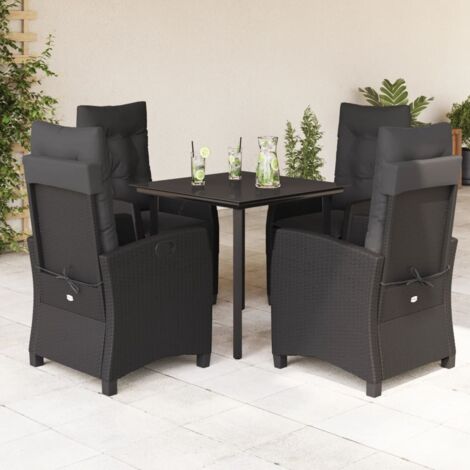 Ensemble de Jardin 5 Places Noir Résine Tressée avec Table en Verre Trempé et 2 Chaises Relax + 2 Chaises Longues