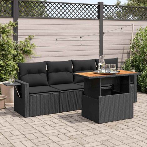 Ensemble de Jardin 5 Places Noir Résine Tressée avec Table Modulable et Coussins Lavables
