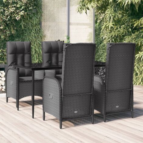 Ensemble de Jardin 5 Places - Table 160x80 cm + 4 Chaises Inclinables en Résine Tressée Noir avec Coussins