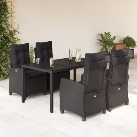 Ensemble de Jardin 5 Places - Table en Verre Trempé 150x90 cm avec 4 Fauteuils Inclinables Noir Résine Tressée + Coussins Amovibles