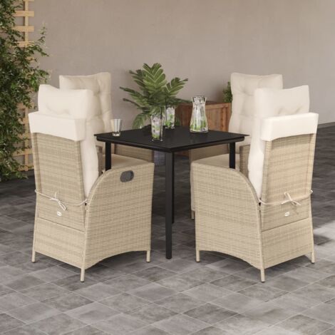 Ensemble de Jardin 5 Places, Table en Verre Trempé Noir et Chaises Polyrotin Beige inclinables avec Coussins Crème