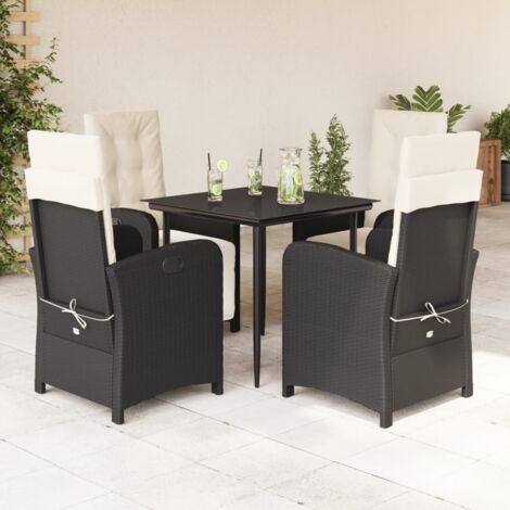 Ensemble de Jardin 5 Places  Table et 4 Chaises inclinables en Résine Tressée Noir  Coussins Épais Crème et Plateau Verre  80x80x74 cm