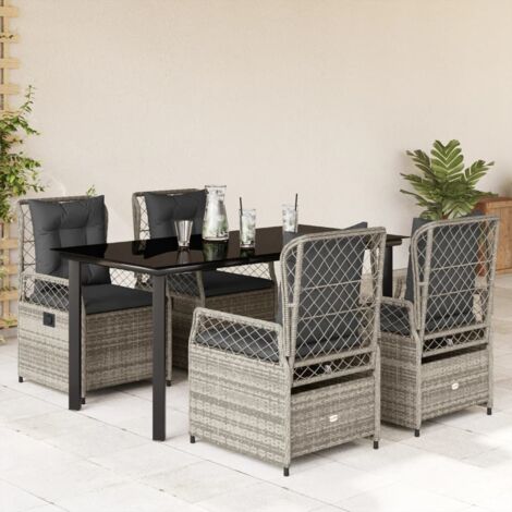 Ensemble de Jardin 5 Places Table Noire Verre Trempé Chaises Grises Résine Tressée Inclinables avec Coussins Amovibles