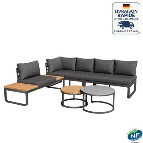 Ensemble de jardin 5 places,Modularité, canapé droit et tables basses gigognes, avec coussins et oreillers gris, pieds réglables, métal, gris