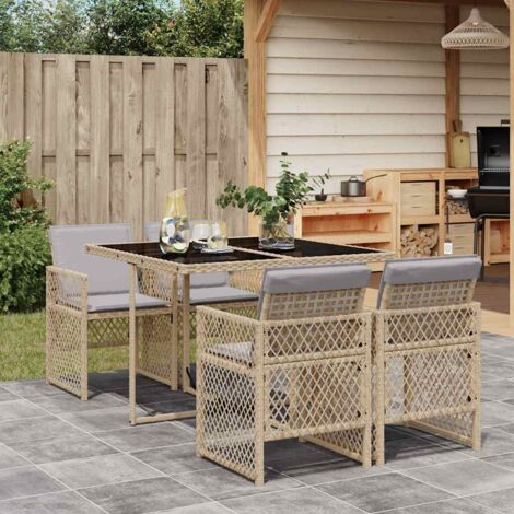 Ensemble de Jardin 5pcs Table + 4 Chaises Beige Polyrotin avec Coussins Gris et Verre Trempé, Dossier Rabattable