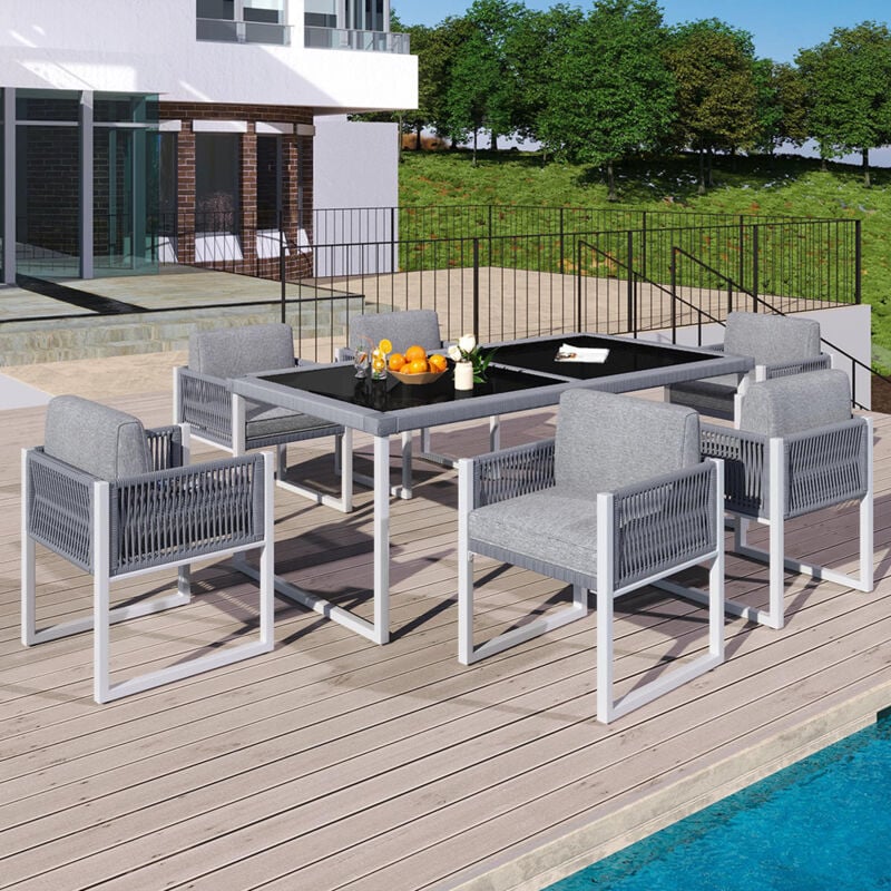 Ensemble de jardin 6 personnes avec fauteuils, revêtement en tissu amovible et lavable